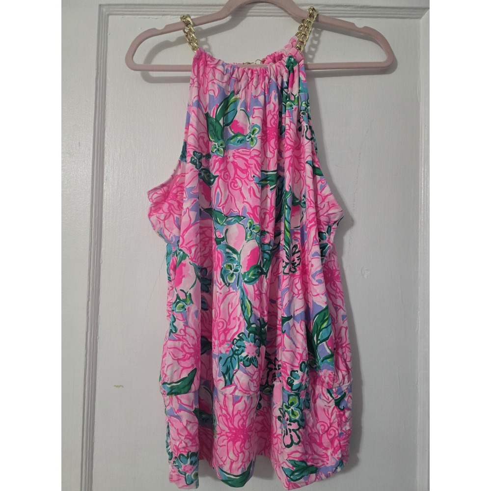 LILLY PULITZER Large Bowen Pink Blossom Try Your Zest Halter Tank Top Gold Chain